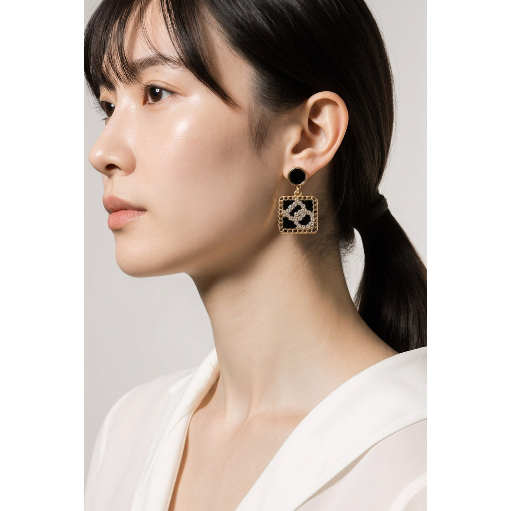The Rue Royale Drops – Vintage Gold Lattice & Black Enamel Statement Earrings