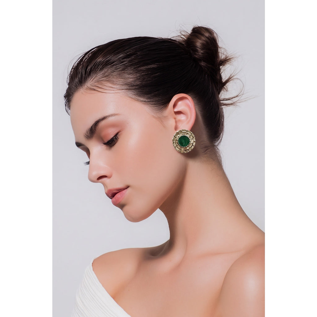 Vintage 1980s Malachite Emerald Green Stud Earrings — Chunky Gold Textured Buttons