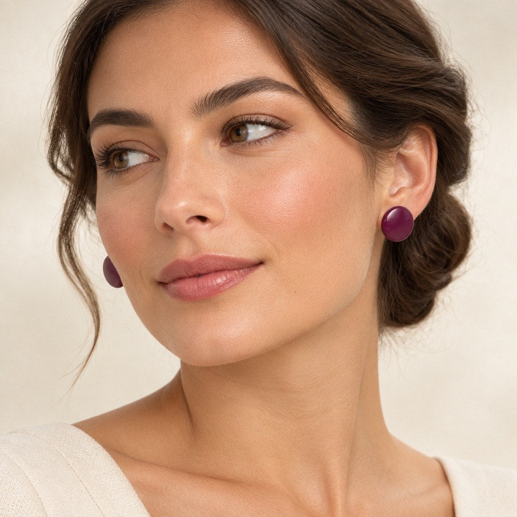 Vintage 1980s Deep Plum Purple Dome Stud Earrings — Chunky High-Gloss Button Studs