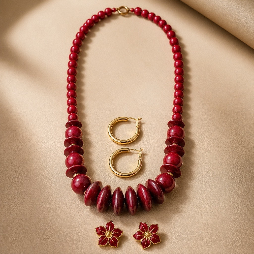 Retired Premier Designs Dark Red Chunky Beaded Choker with Hoop & Floral Stud Curated Set