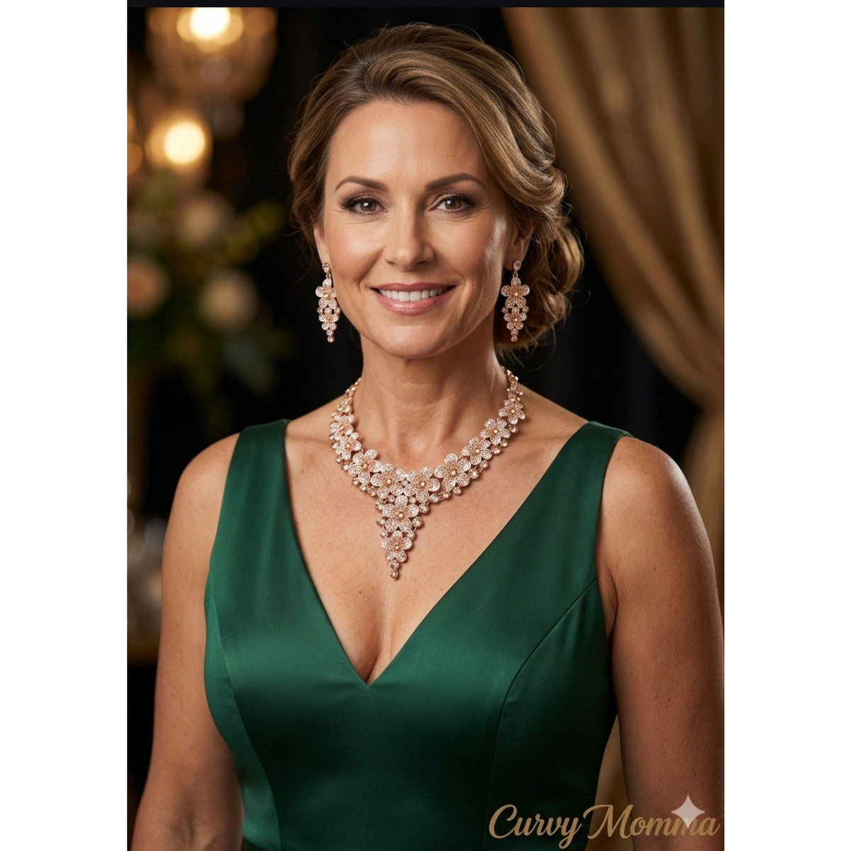 Champagne Rhinestone Cascading Flower Jewelry Set Parure