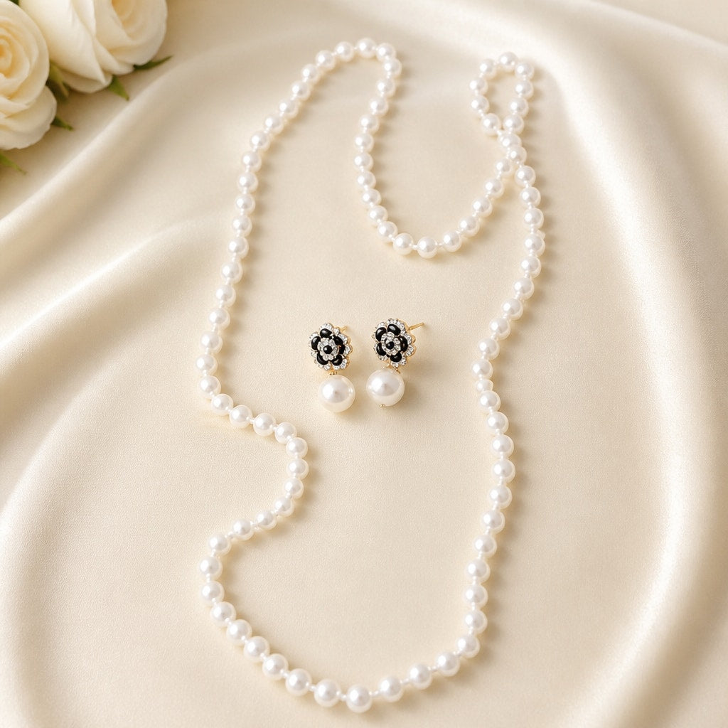 Chanel Style Pearl Necklace & 3 Pairs Earrings Set Gold Plated Mid Century