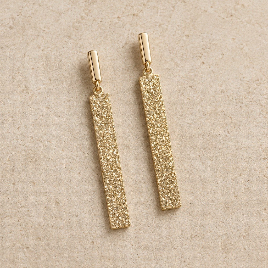Vintage 1990s Textured Gold Dust Bar Earrings, Elegant Mid-Century Linear Drops
