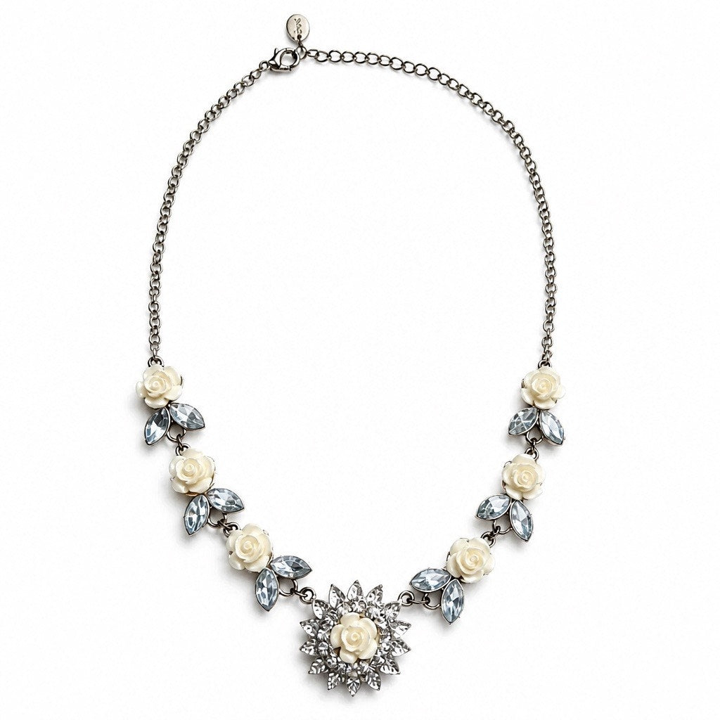 Icing Brand Cream Rose and Clear Rhinestone Statement Necklace