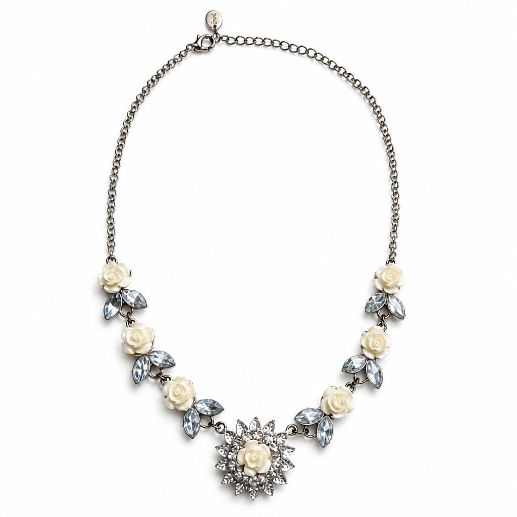 Icing Brand Cream Rose and Clear Rhinestone Statement Necklace
