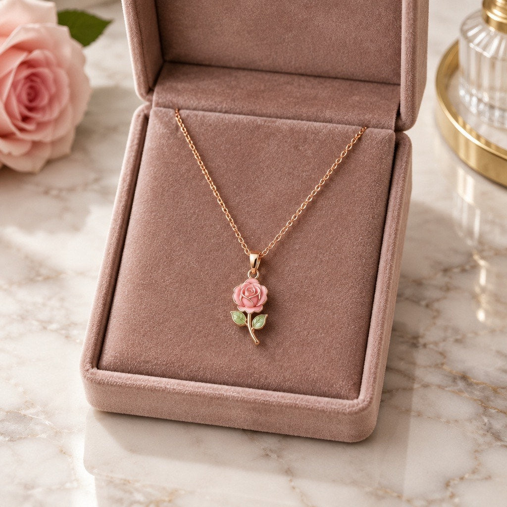 Dainty Pink & Green Enamel Rose Bud Flower Pendant Necklace Rose Gold