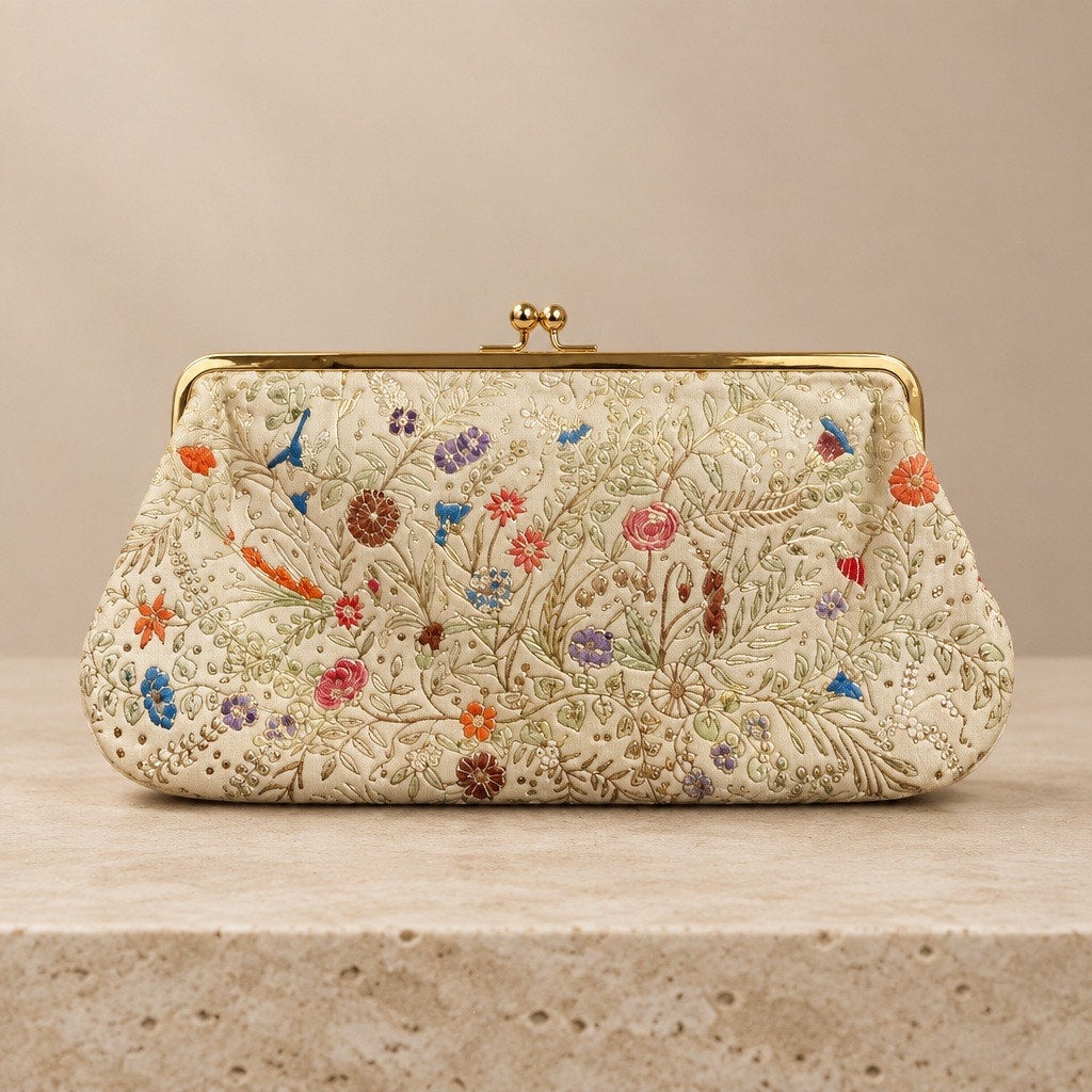 Rare Handcrafted Embroidered Silk Wildflower Gold Frame Clutch Bag-Heirloom