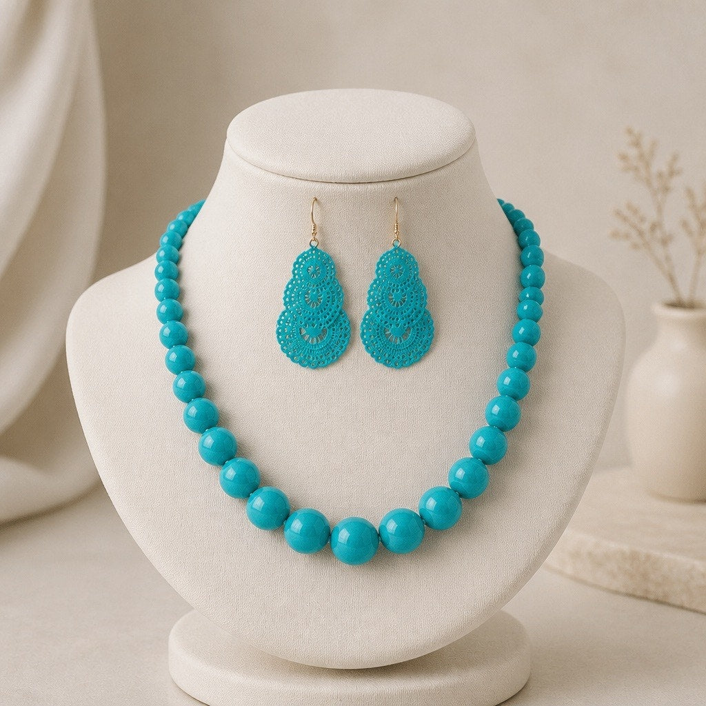 Chunky Howlite Turquoise Blue Beaded Statement Necklace & Featherlike Chandelier Drops