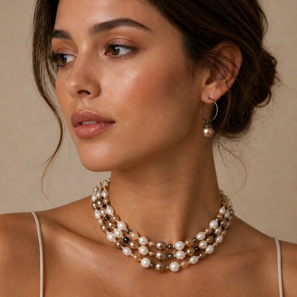 1960s Era: Classic Mid-Century Lisner Neutral Multi-Tone Graduated Bead Choker with Drop Hoops- 2 for 1