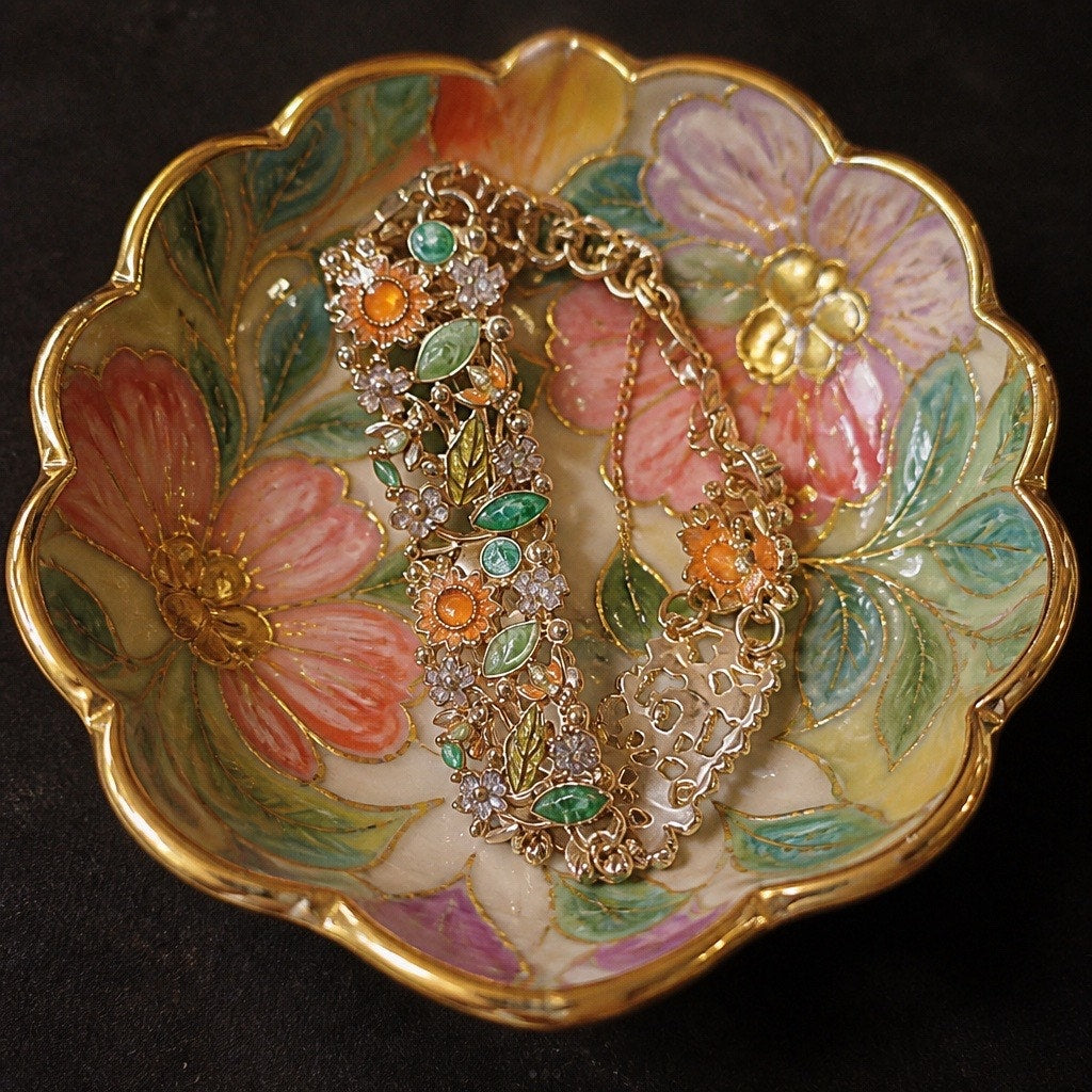 VTG Liz Claiborne Signed Gold Tone Enamel "Blossoms & Bees" Floral Panel Link Bracelet