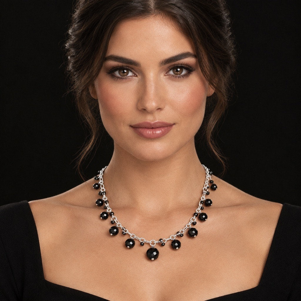Vintage Style Faceted Black Spinel Onyx Dangle Choker Necklace