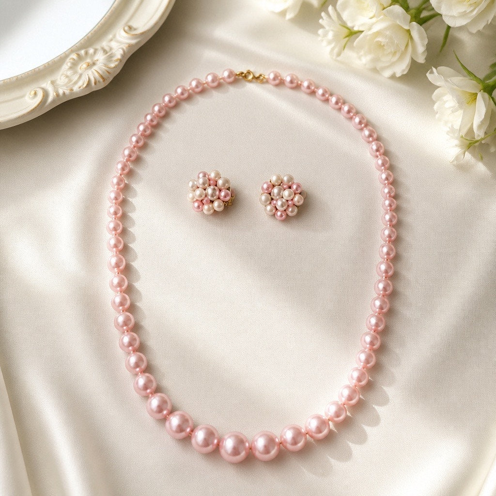 La Vie En Rose Parure: Signed Japan Pearl Clusters & Floral Hoop Set