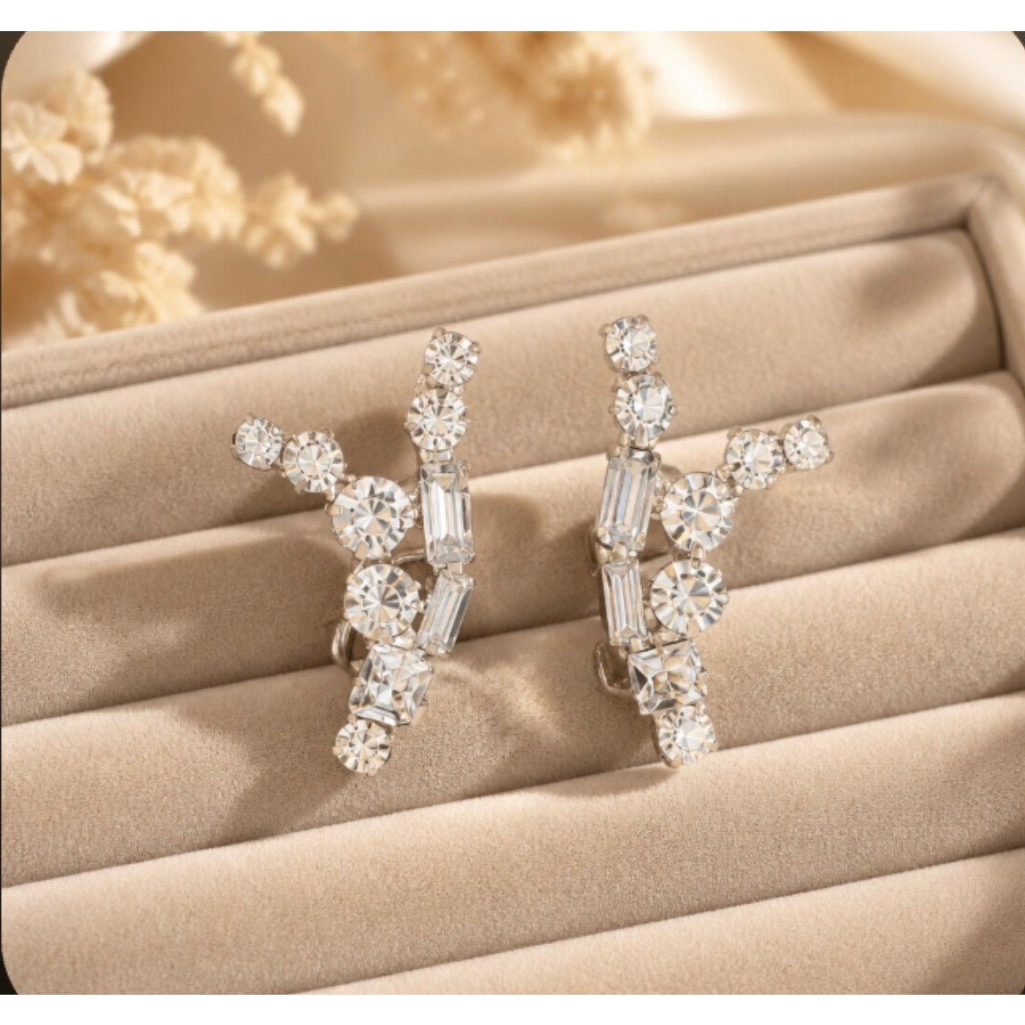 Mid-Century Old Hollywood Glamour Crystal Crawler Clip-On Earrings — Silver-Tone Wing Design