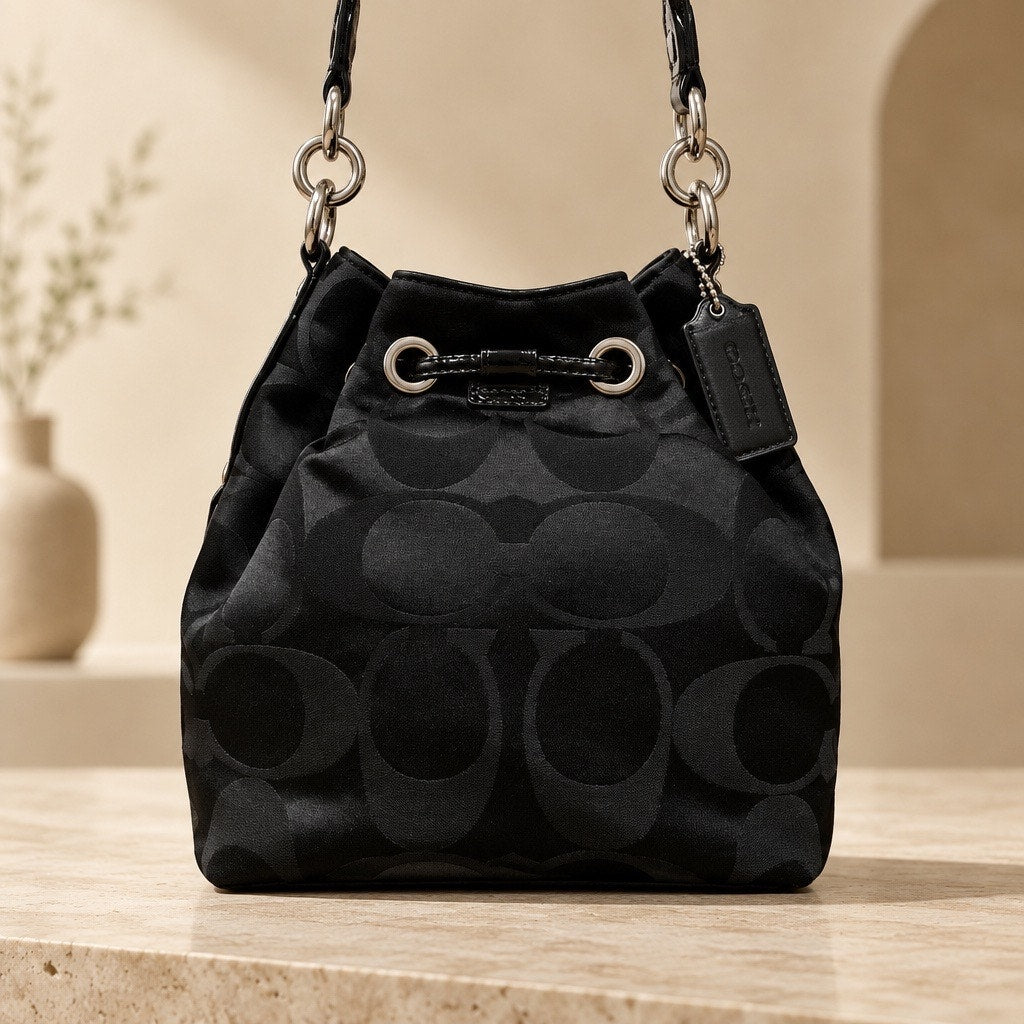 Vintage Coach Signature Bucket Bag | Rare Y2K | Black Jacquard Patent Leather