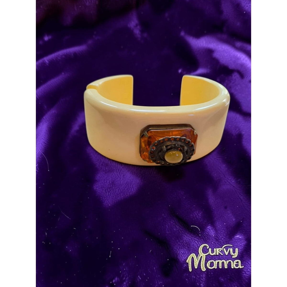 intage Chunky Cream Clamper Cuff Bracelet • Amber Rhinestone Focal