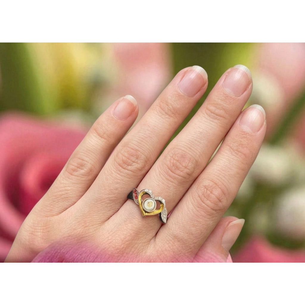 Vintage Inspired Two-Tone Heart Ring with Wing Accents and Red/Clear Rhinestones