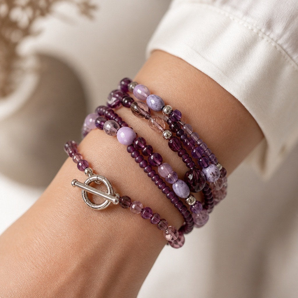 Vintage Multi Strand Purple Mixed Glass Bead Toggle Clasp Artisan Bracelet