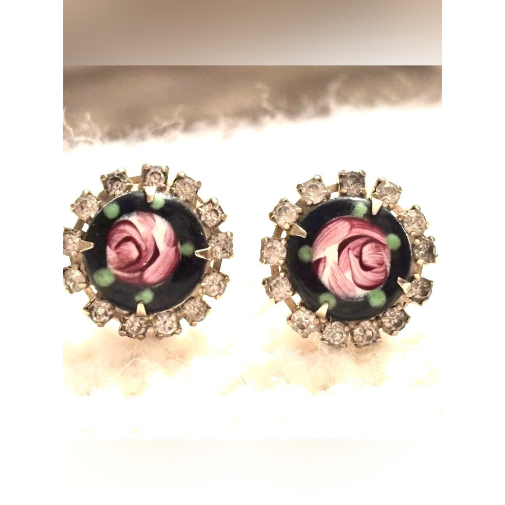 Vintage estate sale  Pink Rose Porcelain Stud Earrings with Crystal Halo
