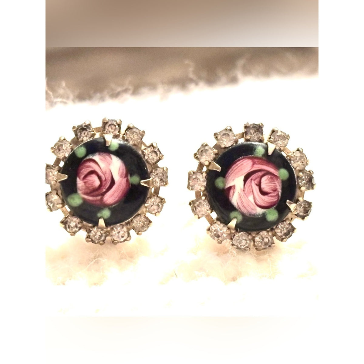 Vintage estate sale  Pink Rose Porcelain Stud Earrings with Crystal Halo