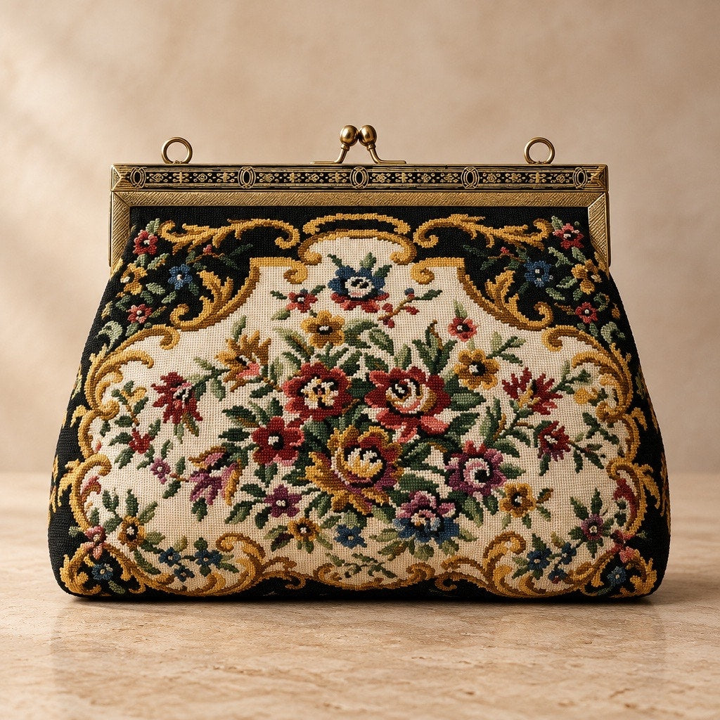 Mid Century French Gobelins Tapestry Clutch | Floral Petit Point Frame Filigree