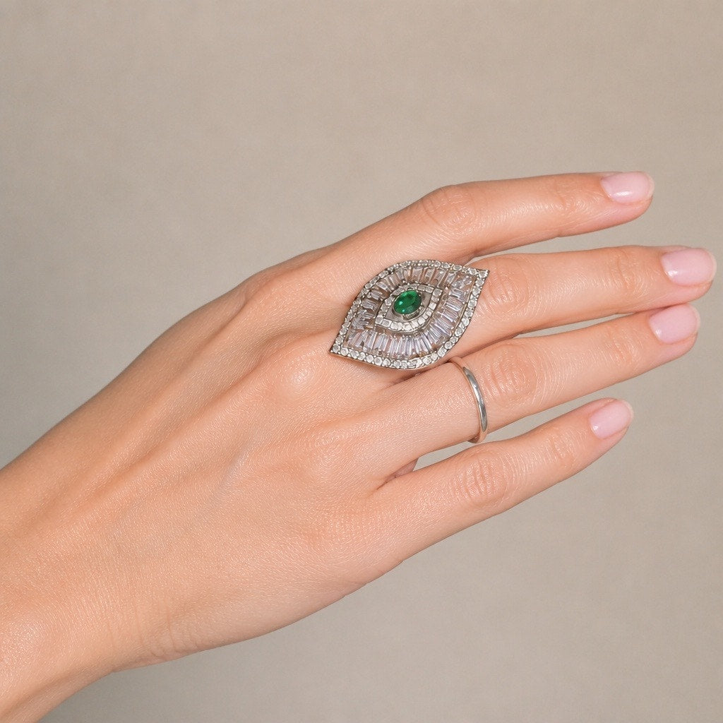 Vintage Art Deco Emerald Sunburst Ring, Gold Finish Lab-Grown Emerald Cocktail Ring