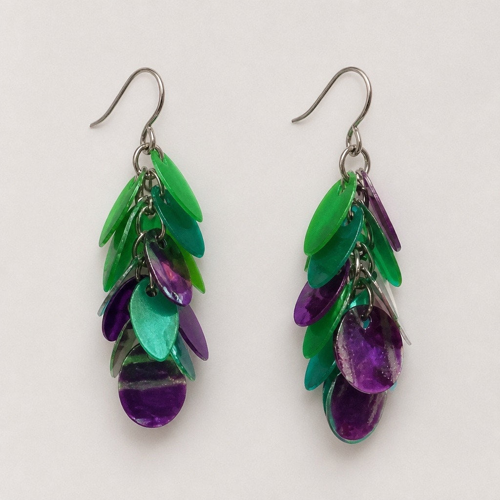 Y2K Iridescent Green & Purple Multi-Disc Drop Earrings — Festive Chandelier Shimmer Drops
