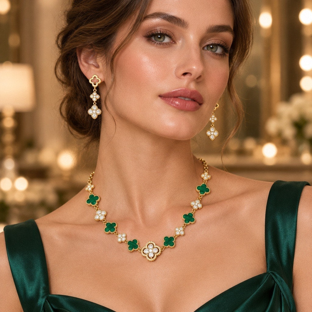 Green Quatrefoil Drop Stations Jewelry Set