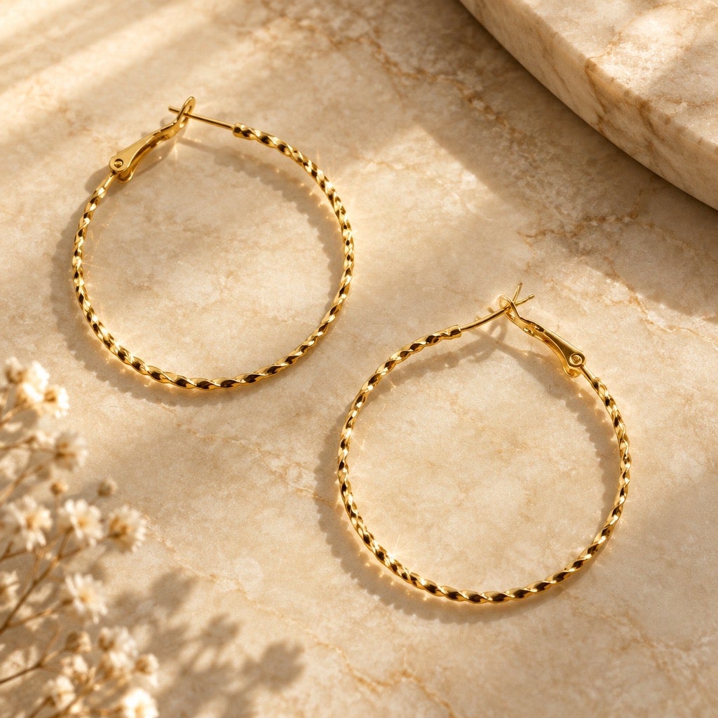 circa 1990s Vintage Diamond Cut Textured Twist Golden Hoop Statement Earrings