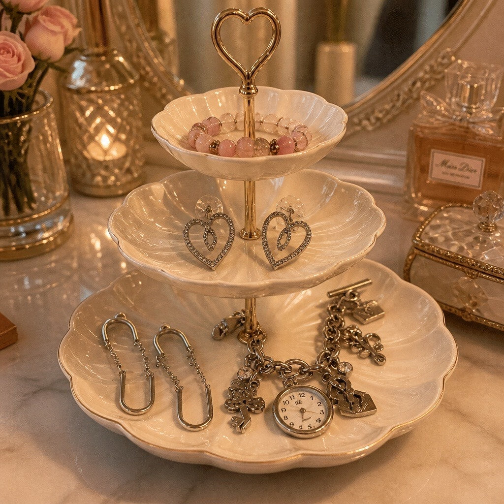 ✨ Silver Tone Coquette Jewelry Trio: Charm Bracelet Watch, Rhinestone Heart Hoops & Paperclip Chain Dangles