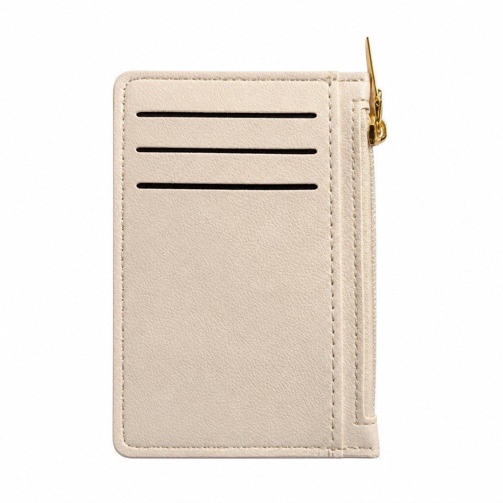 Cream Faux Leather Slim Zipper Card Holder Travel Pouch Wallet