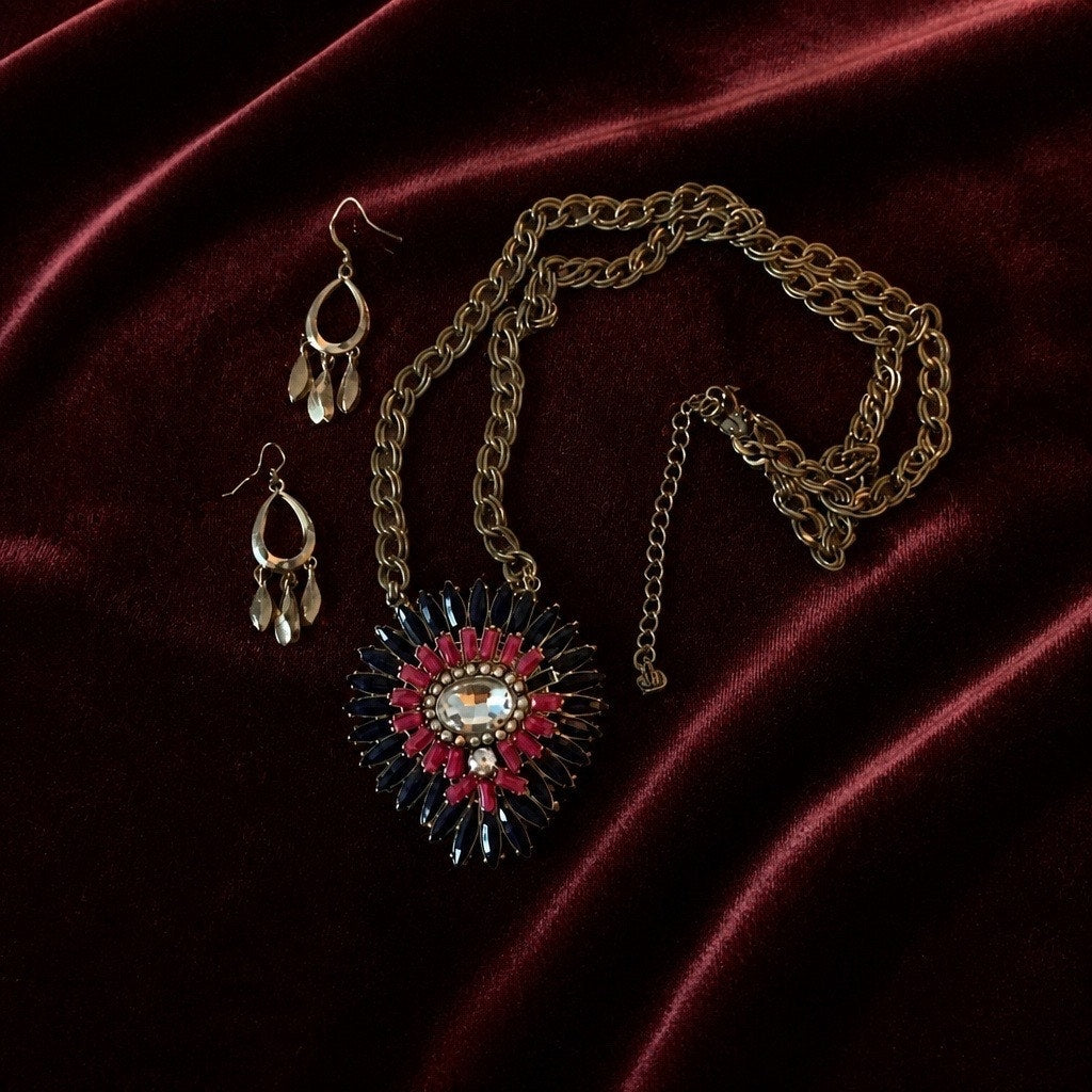 Two-in-One: Retired Premier Designs Signed "Prismatic" Reversible Southwestern Sunburst Necklace/ 2 Earrings Sets