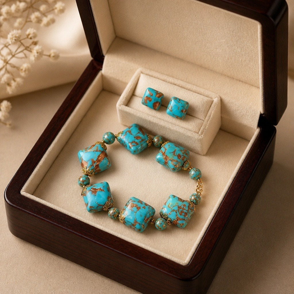 Vintage Murano Glass Turquoise Aventurine 2-PC Set • Bracelet & Earrings