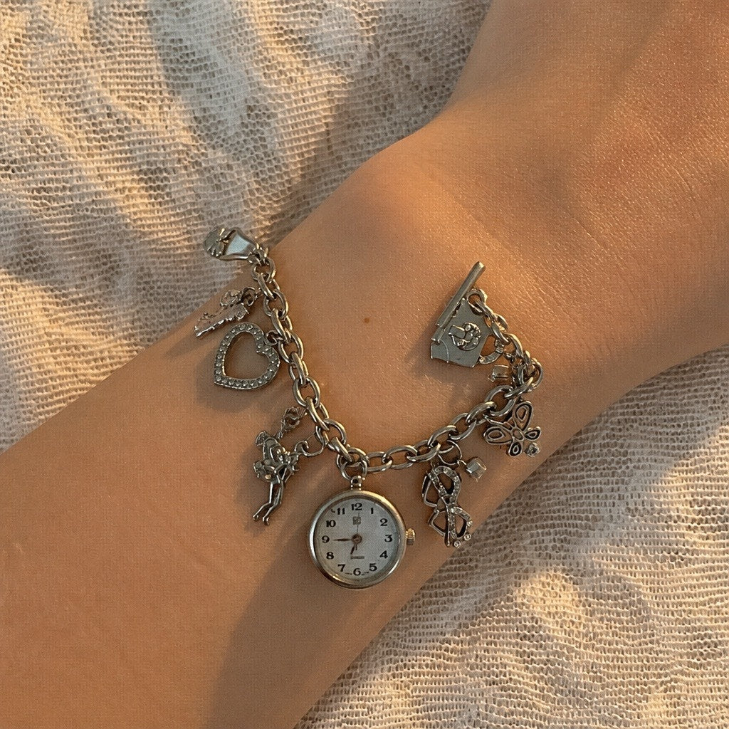 ✨ Silver Tone Coquette Jewelry Trio: Charm Bracelet Watch, Rhinestone Heart Hoops & Paperclip Chain Dangles