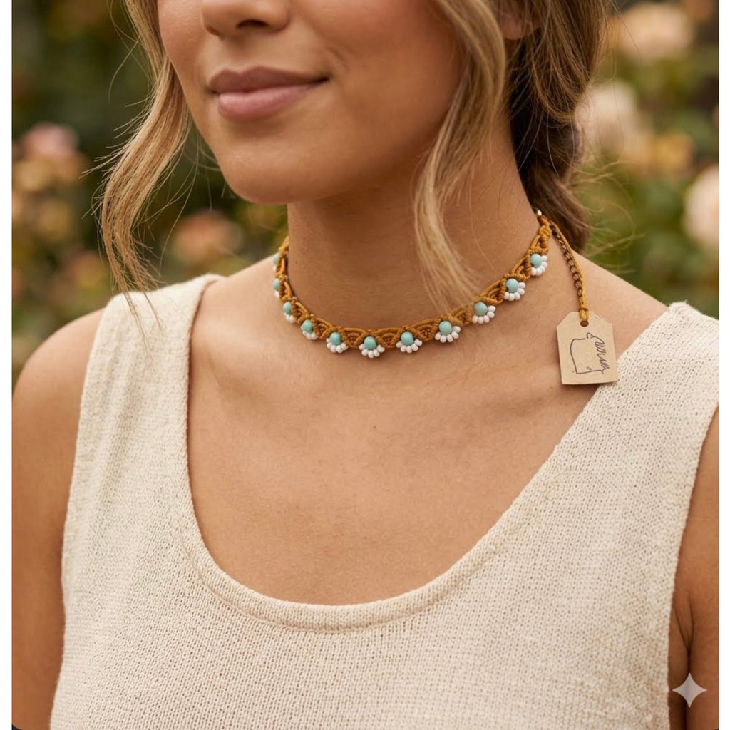 Handcrafted Daisy Seed Bead Choker Necklace Macrame Mustard Gold Turquoise  Jewelry
