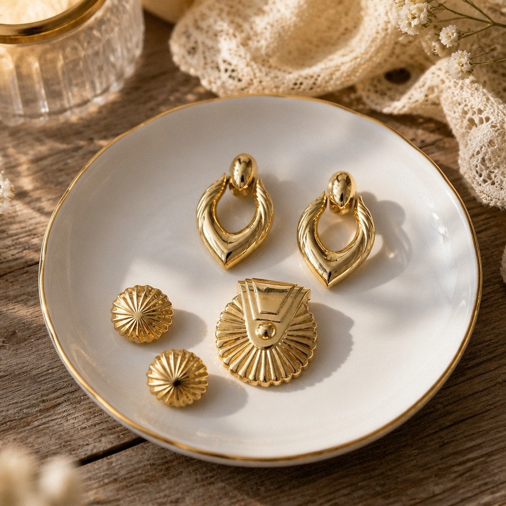 🏷️ Vintage Art Deco Gold Fan Brooch Chunky Door Knocker & Stud Earring Parure Set