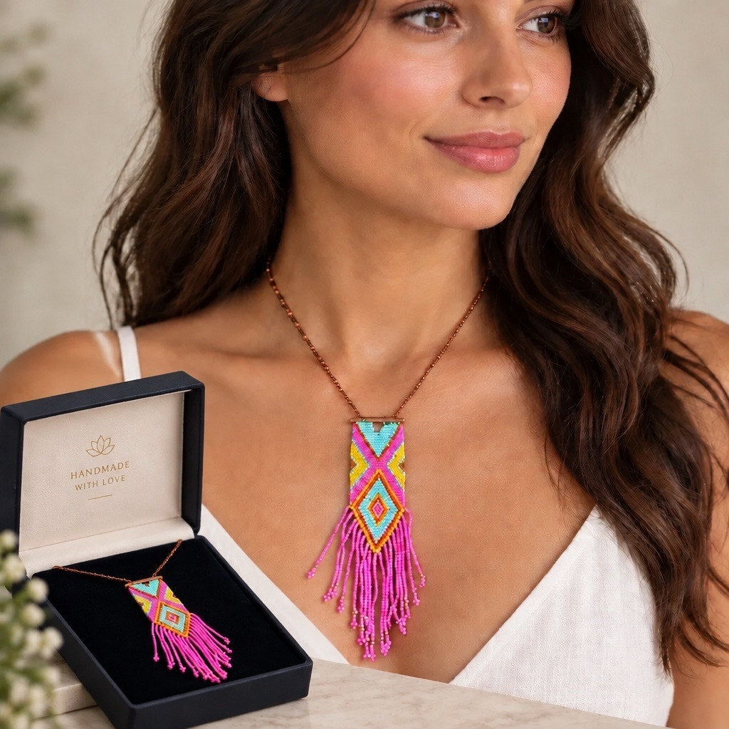 Boho Hand-Woven Loom Seed Bead Geometric Fringe Pendant Necklace