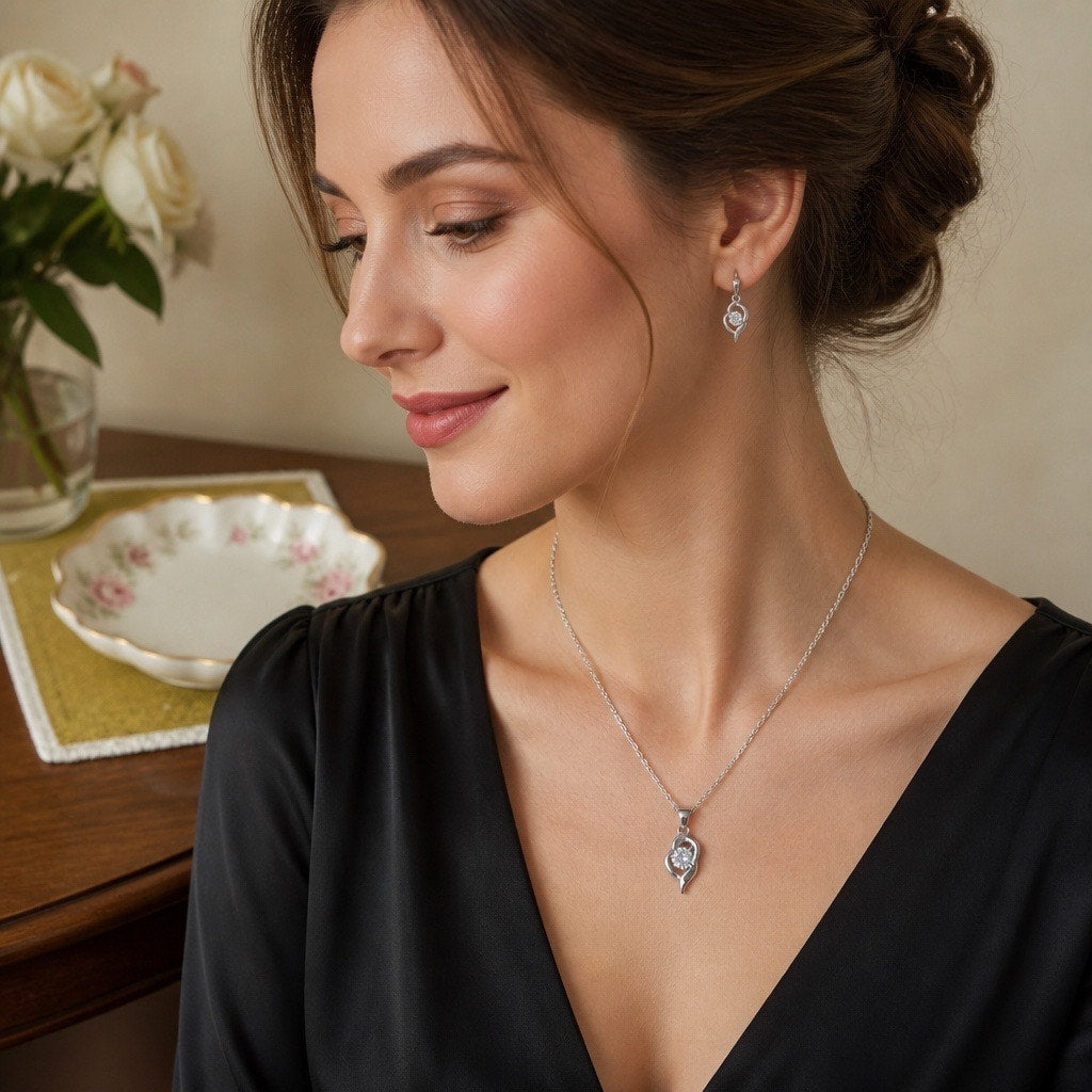 Vintage Dainty Sparkling Crystal Open-Heart Pendant Necklace