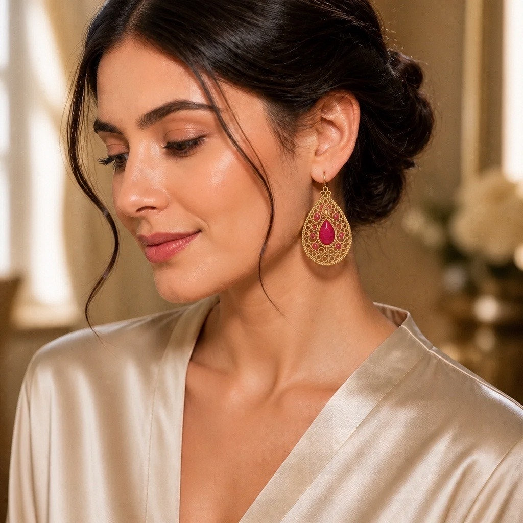Vintage Golden Filigree Teardrop Earrings with Hot Pink Accents