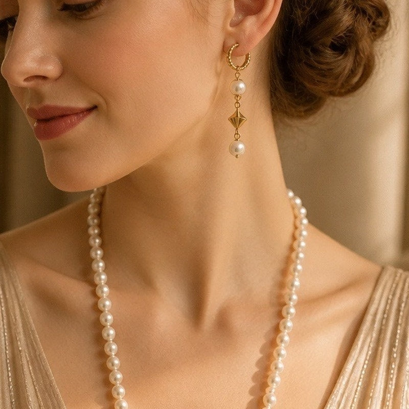 Chanel Style Pearl Necklace & 3 Pairs Earrings Set Gold Plated Mid Century