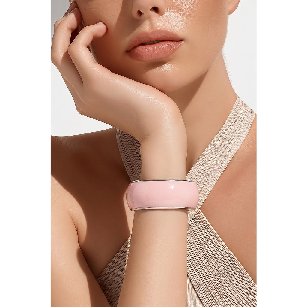 Vintage Retro Revival Pink Enamel Thick Silver Bangle
