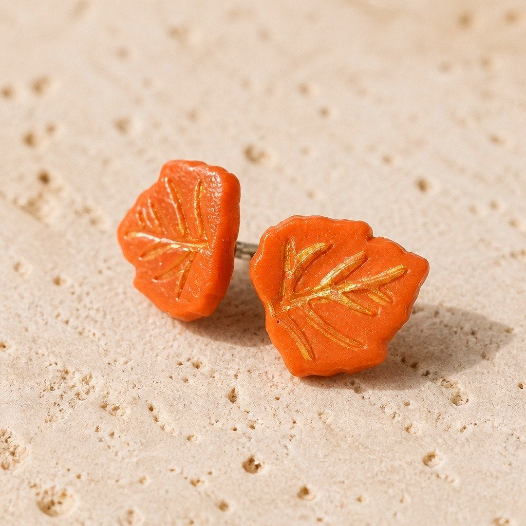 Handcrafted- One of a Kind- Orange Leaf Stud Earrings