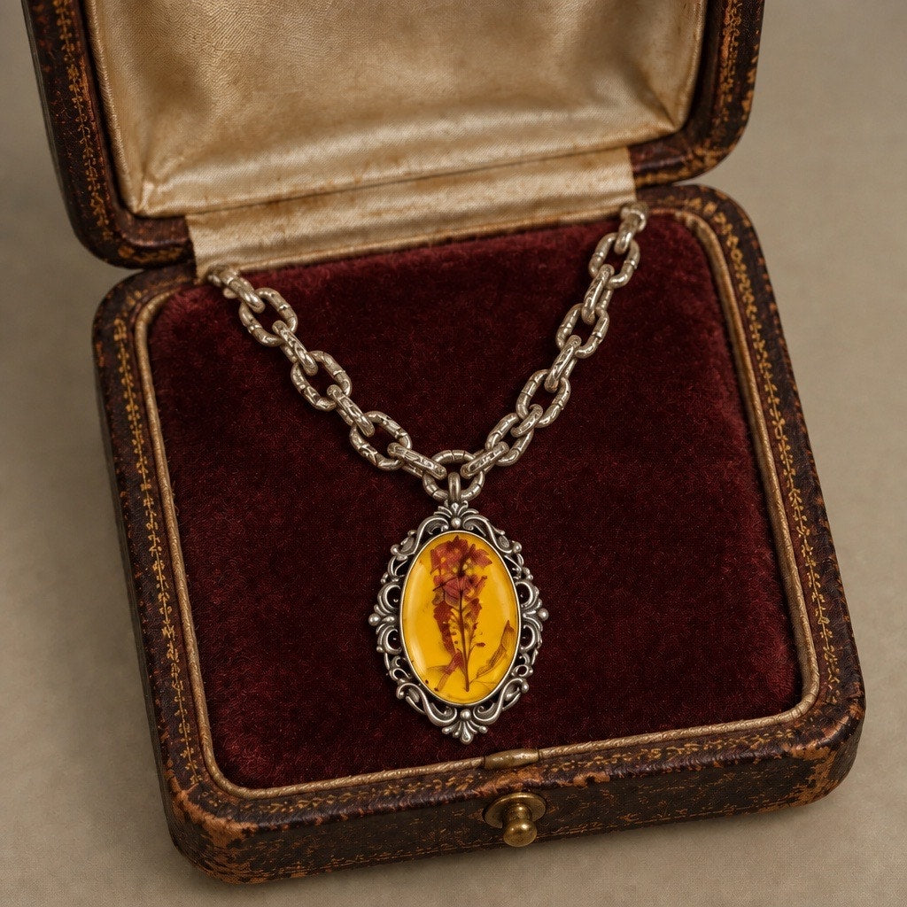 Vintage  Hammered Victorian Pressed Flower Book Chain Necklace