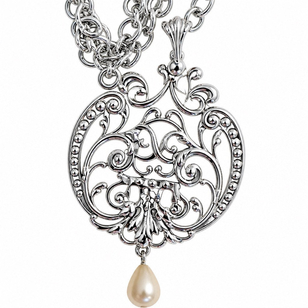 Vintage Retired Brighton "Geneva" Silver Filigree Pearl Drop Long Necklace.