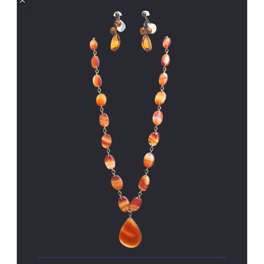 Vintage Carnelian Agate Stone Station Necklace & Teardrop Dangle Earrings Jewelry Set