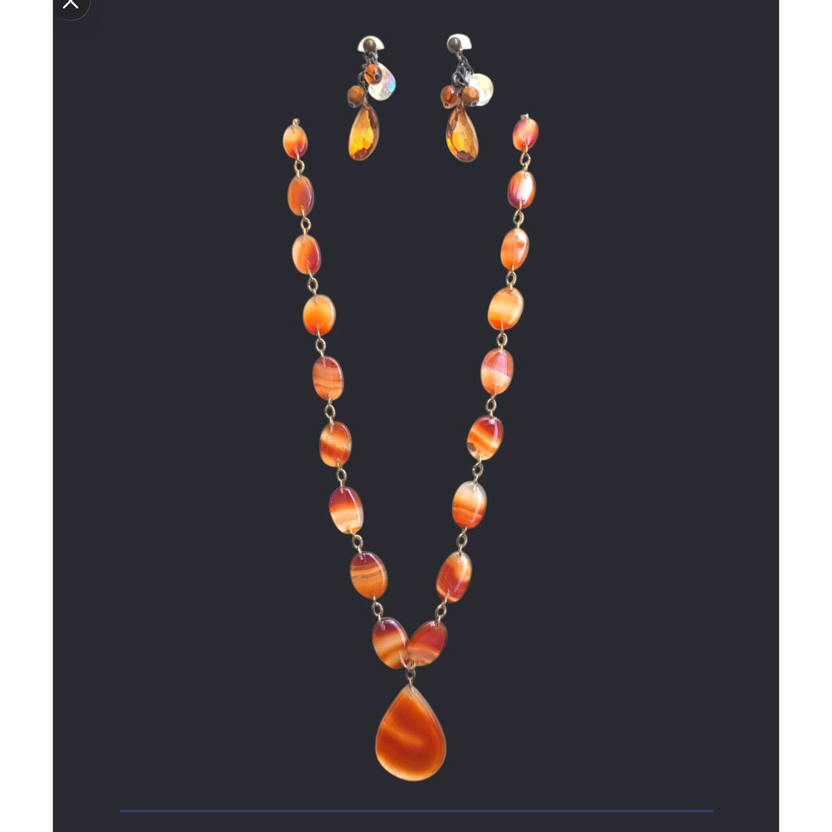 Vintage Carnelian Agate Stone Station Necklace & Teardrop Dangle Earrings Jewelry Set