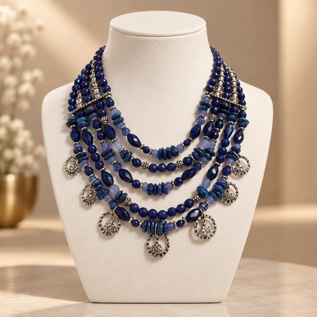 Bohemian Blue Multi-Strand Statement Necklace with Silver Charms-Premier Designs
