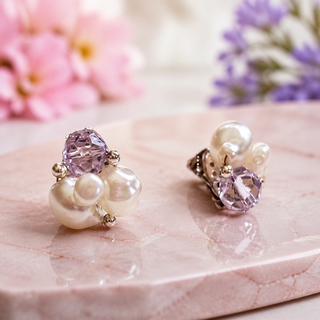Premier Designs Discontinued Pearl Lavender Crystal Cluster Post Stud Earrings
