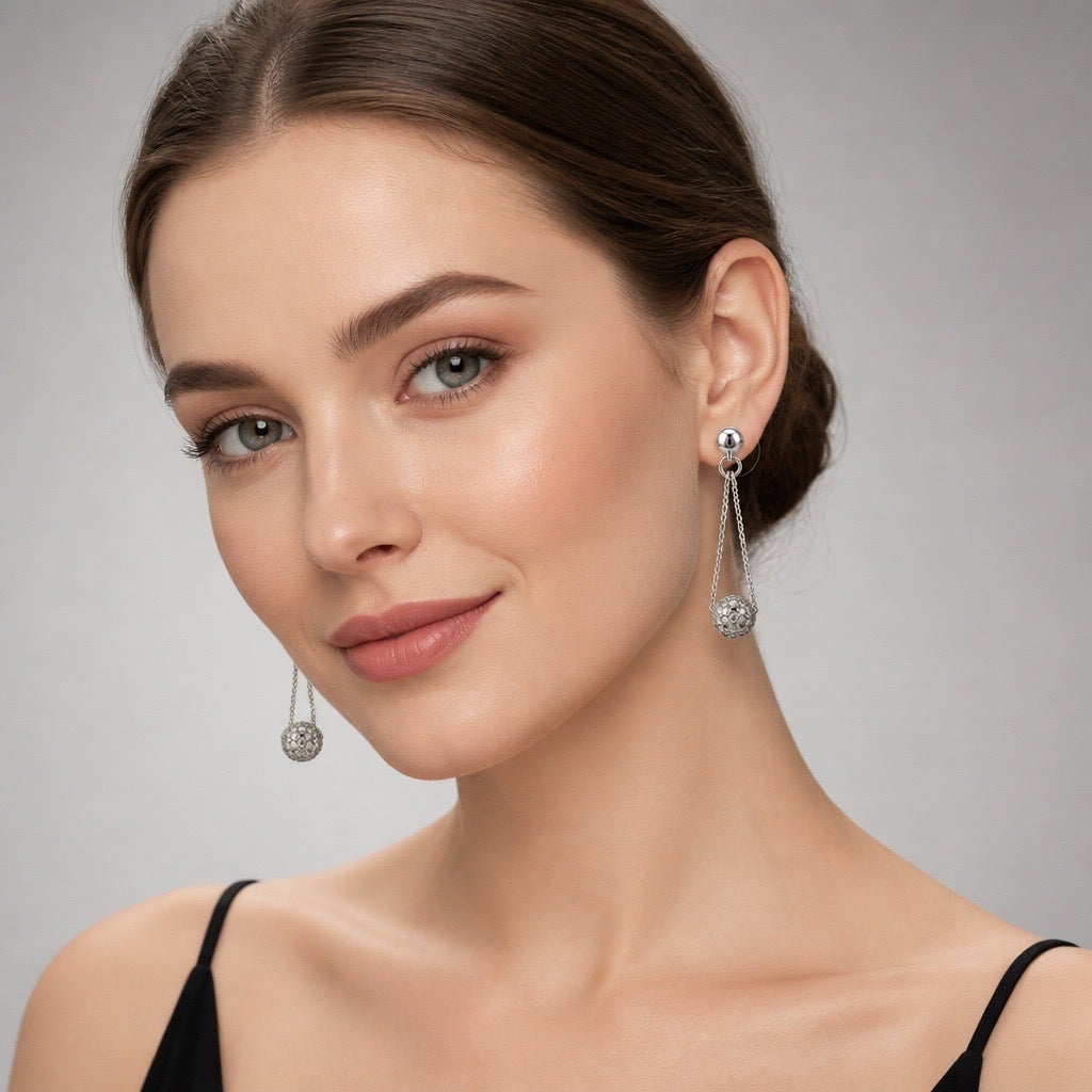 c.1990s Vintage Silvertone Pavé Crystal Disco Ball Drop Earrings