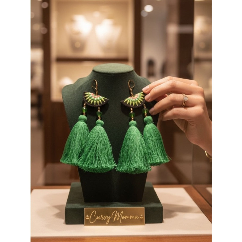 Handcrafted Vibrant Green Tassel Statement Earrings