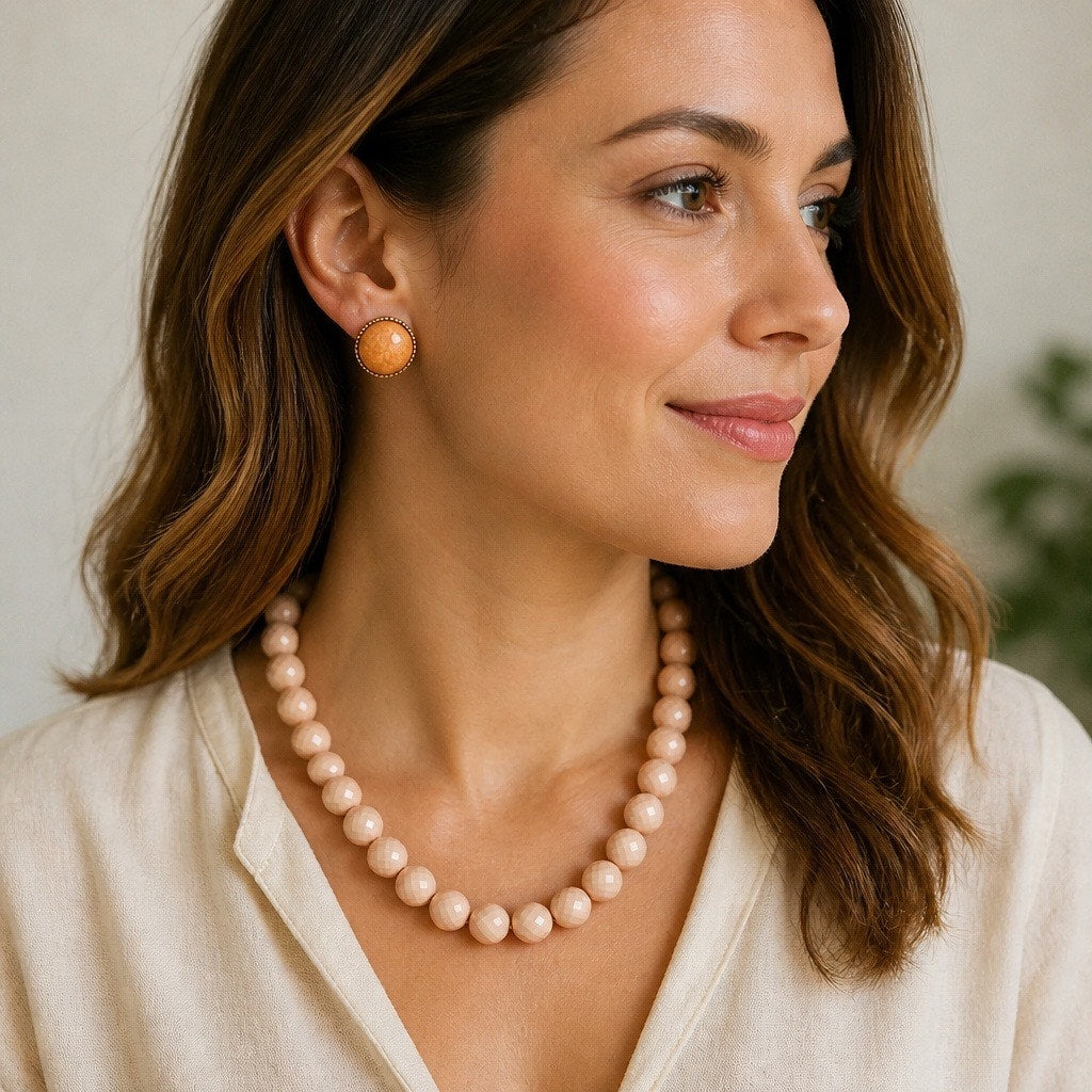 Tuscan Sun Faceted Peach Agate-Style Necklace & Dual Earring Bundle